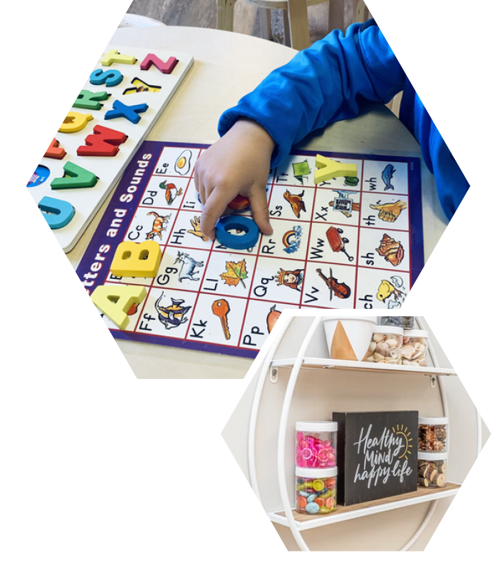 Preschool child practicing letter recognition and beginning sounds with an alphabet learning activity.